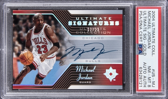 2004-05 Ultimate Collection "Ultimate Signatures" Gold #US-MJ Michael Jordan Signed Card (#22/23) – PSA NM-MT 8, PSA/DNA Authentic